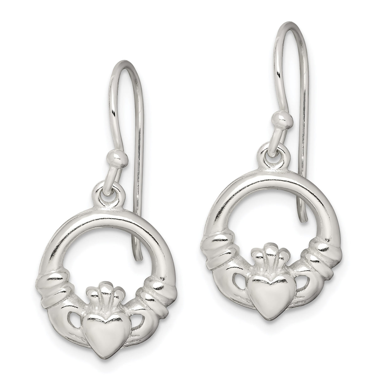 Sterling Silver Claddagh Dangle Earrings with Heart, Crown, and Hands Celtic Design