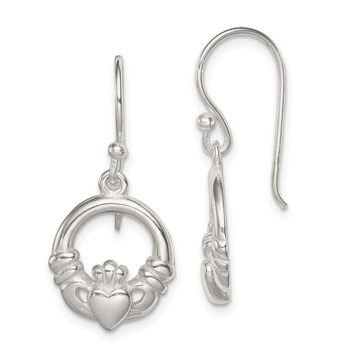 Sterling Silver Claddagh Dangle Earrings with Heart, Crown, and Hands Celtic Design