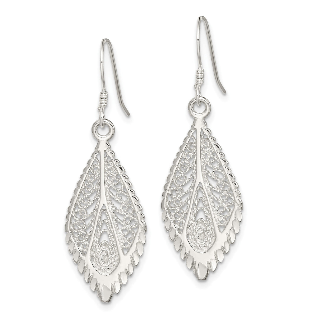 Sterling Silver Leaf Filigree Dangle Earrings, Lightweight Teardrop Boho Design for Women
