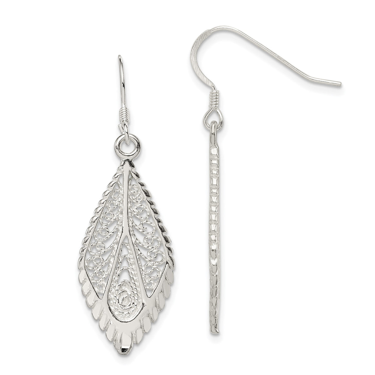 Sterling Silver Leaf Filigree Dangle Earrings, Lightweight Teardrop Boho Design for Women