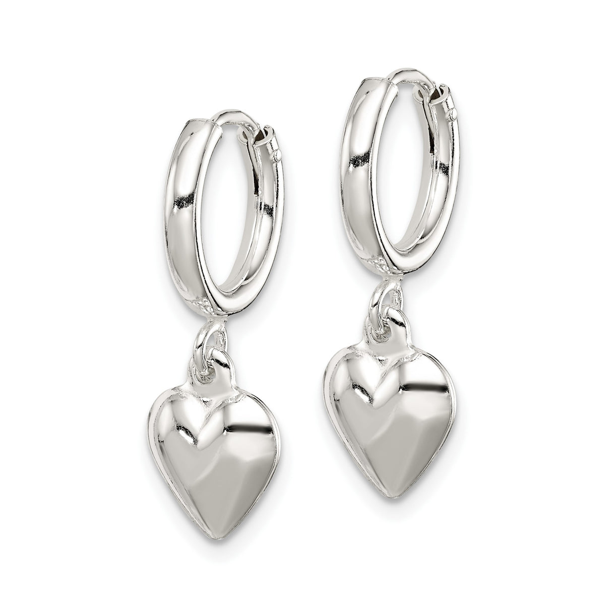 Sterling Silver Heart Hoop Earrings with Polished Puff Heart Charms, Lightweight Dangle Style