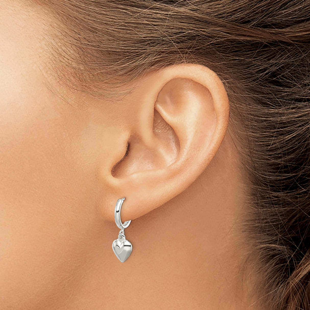 Sterling Silver Heart Hoop Earrings with Polished Puff Heart Charms, Lightweight Dangle Style