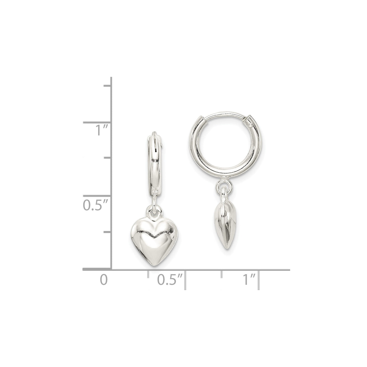 Sterling Silver Heart Hoop Earrings with Polished Puff Heart Charms, Lightweight Dangle Style