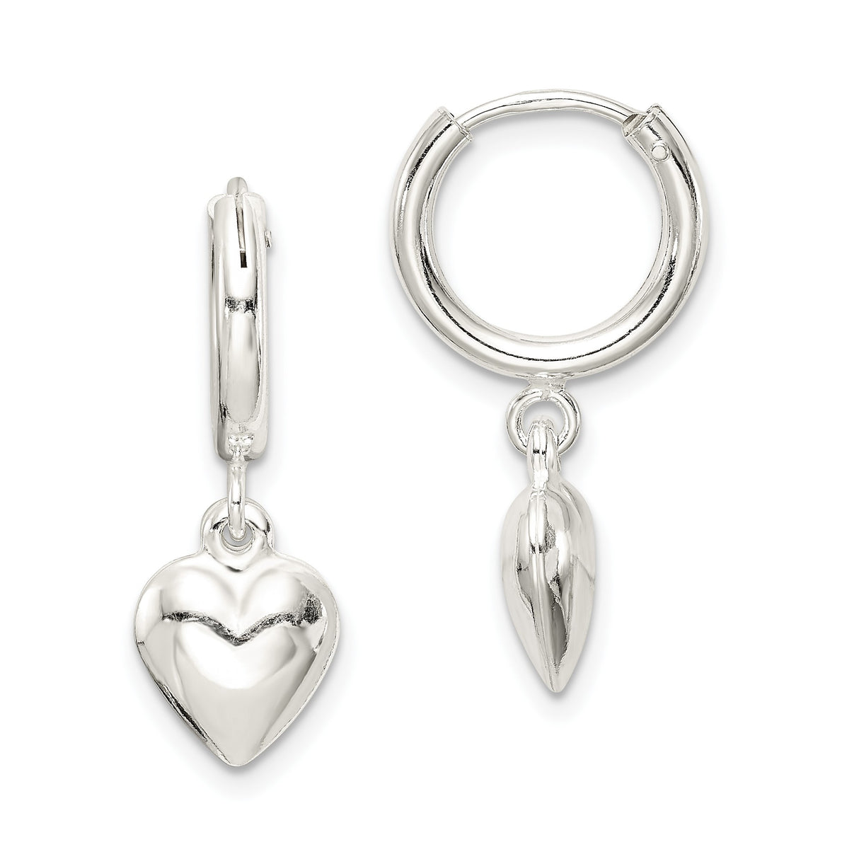 Sterling Silver Heart Hoop Earrings with Polished Puff Heart Charms, Lightweight Dangle Style