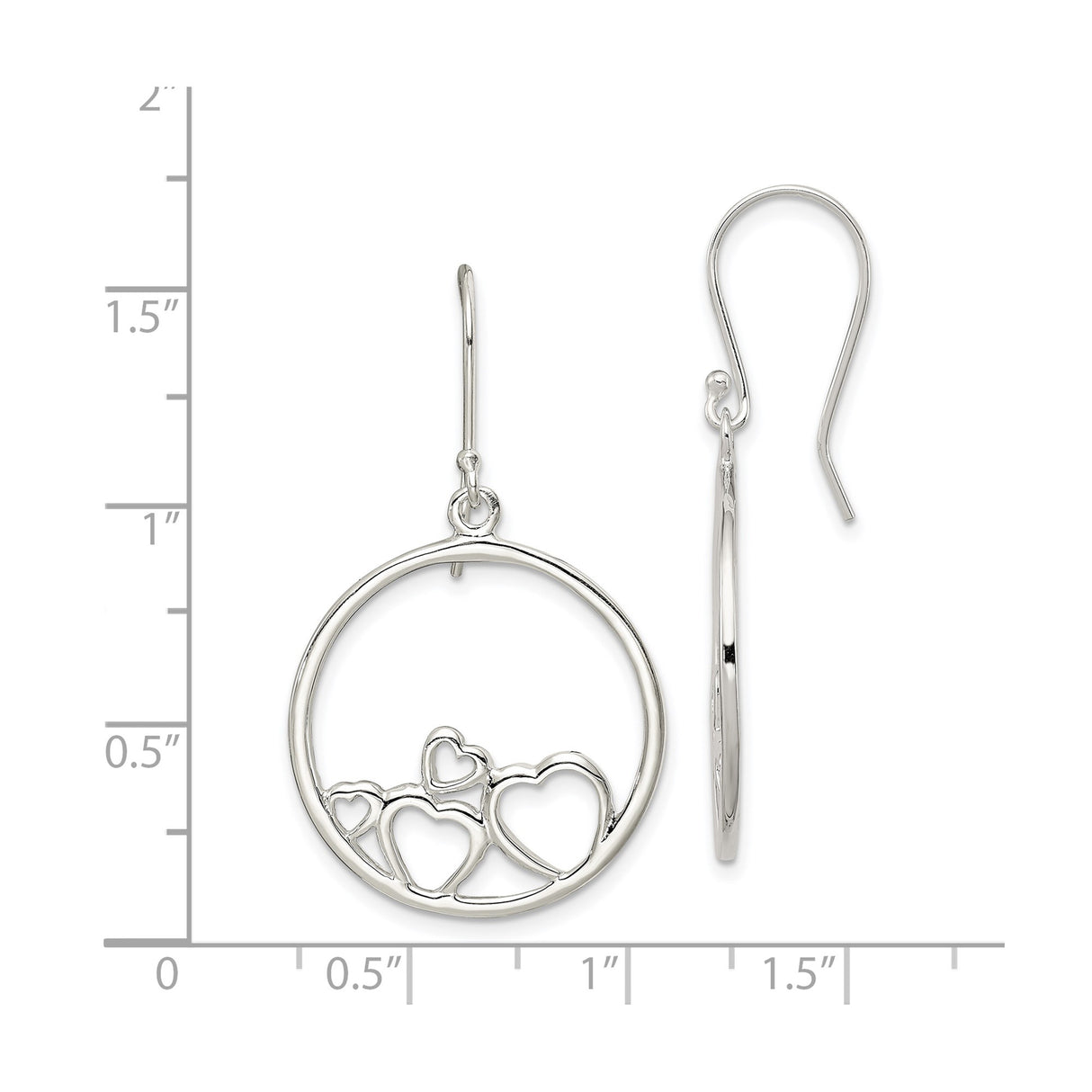 Sterling Silver Dangle Earrings with Open Circle and Five Interlocking Hearts Design