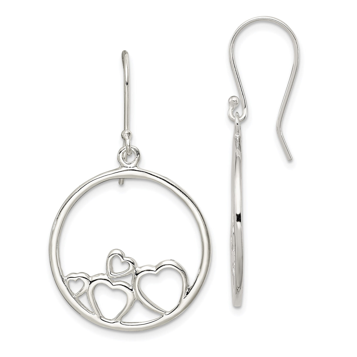 Sterling Silver Dangle Earrings with Open Circle and Five Interlocking Hearts Design