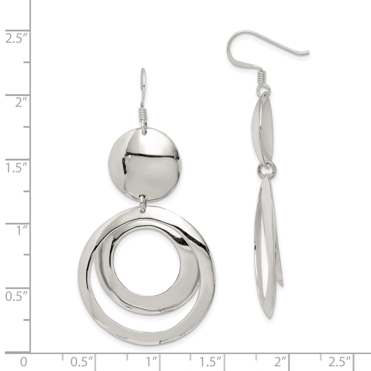 Sterling Silver Dangle Earrings with Open Circles and Disc Design, Modern Minimalist Style