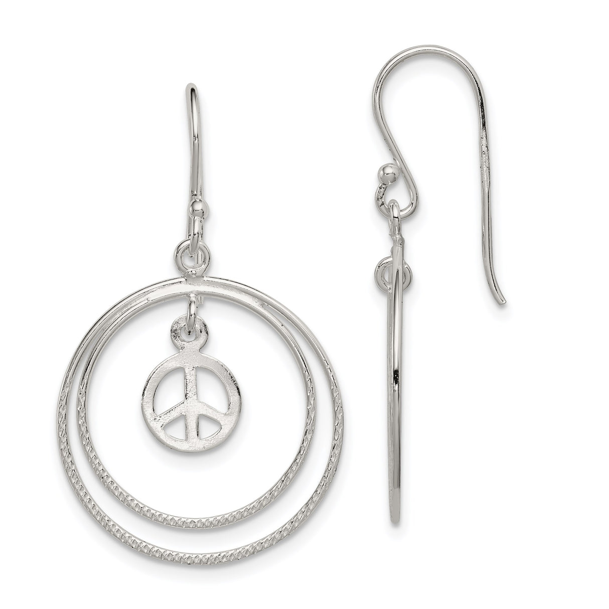Sterling Silver Dangle Earrings with Double Hoop and Peace Symbol Charm, Boho Retro Style