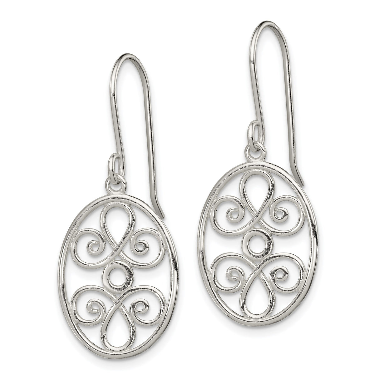 Sterling Silver Dangle Earrings with Openwork Oval Design and Celtic Knot Scroll Filigree