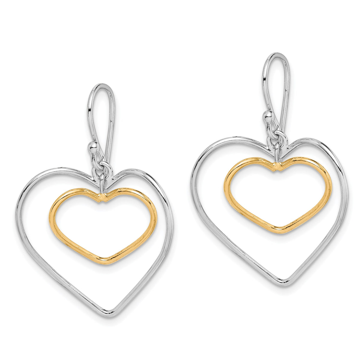 Sterling Silver Dangle Earrings with Open Double Heart Design, Gold Plated and Silver Mixed Metal Style
