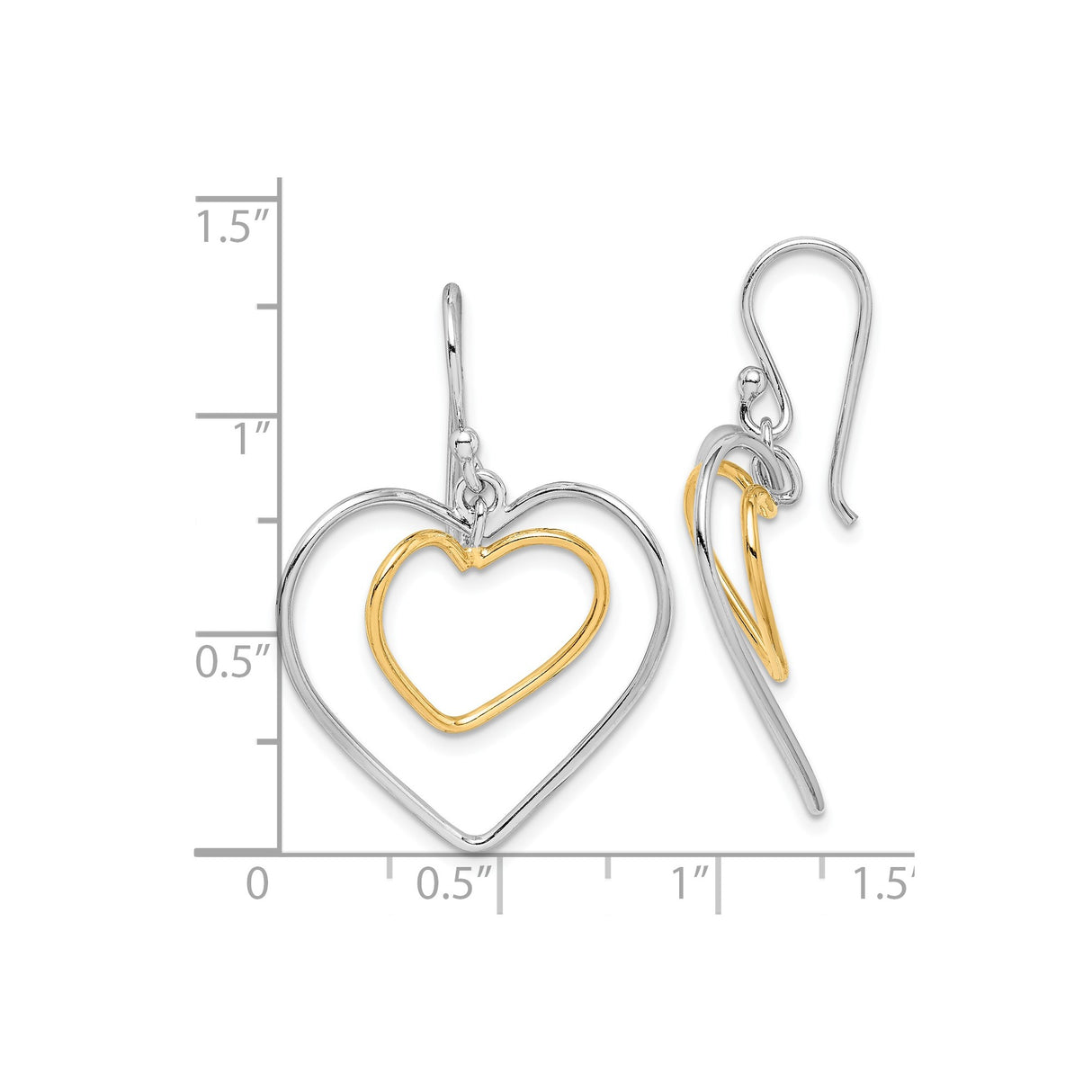 Sterling Silver Dangle Earrings with Open Double Heart Design, Gold Plated and Silver Mixed Metal Style