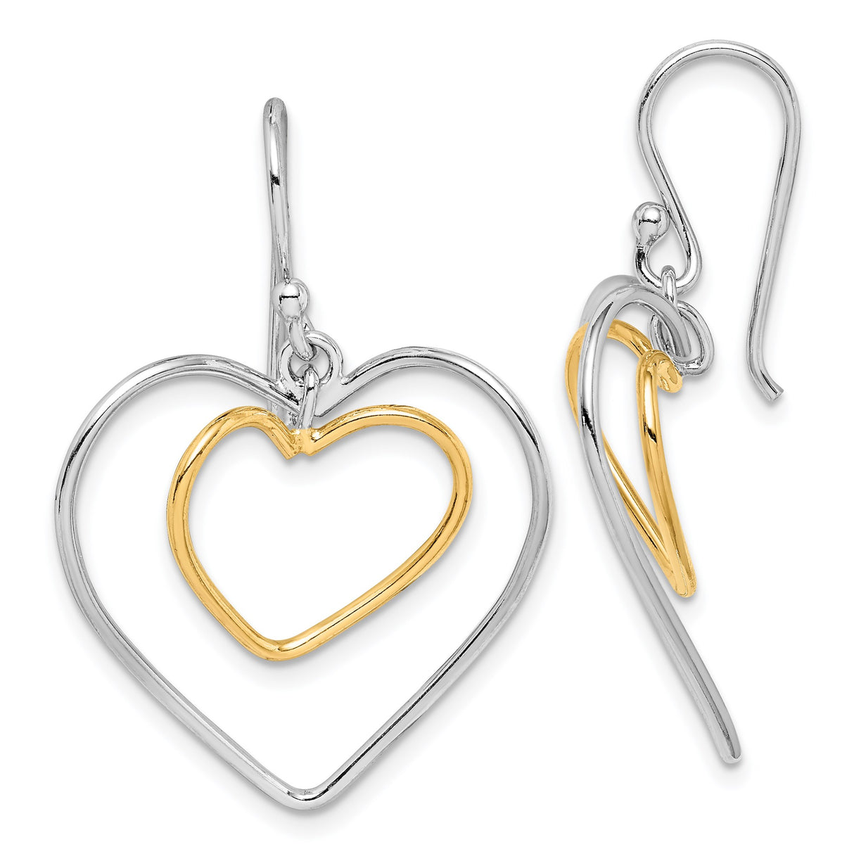Sterling Silver Dangle Earrings with Open Double Heart Design, Gold Plated and Silver Mixed Metal Style