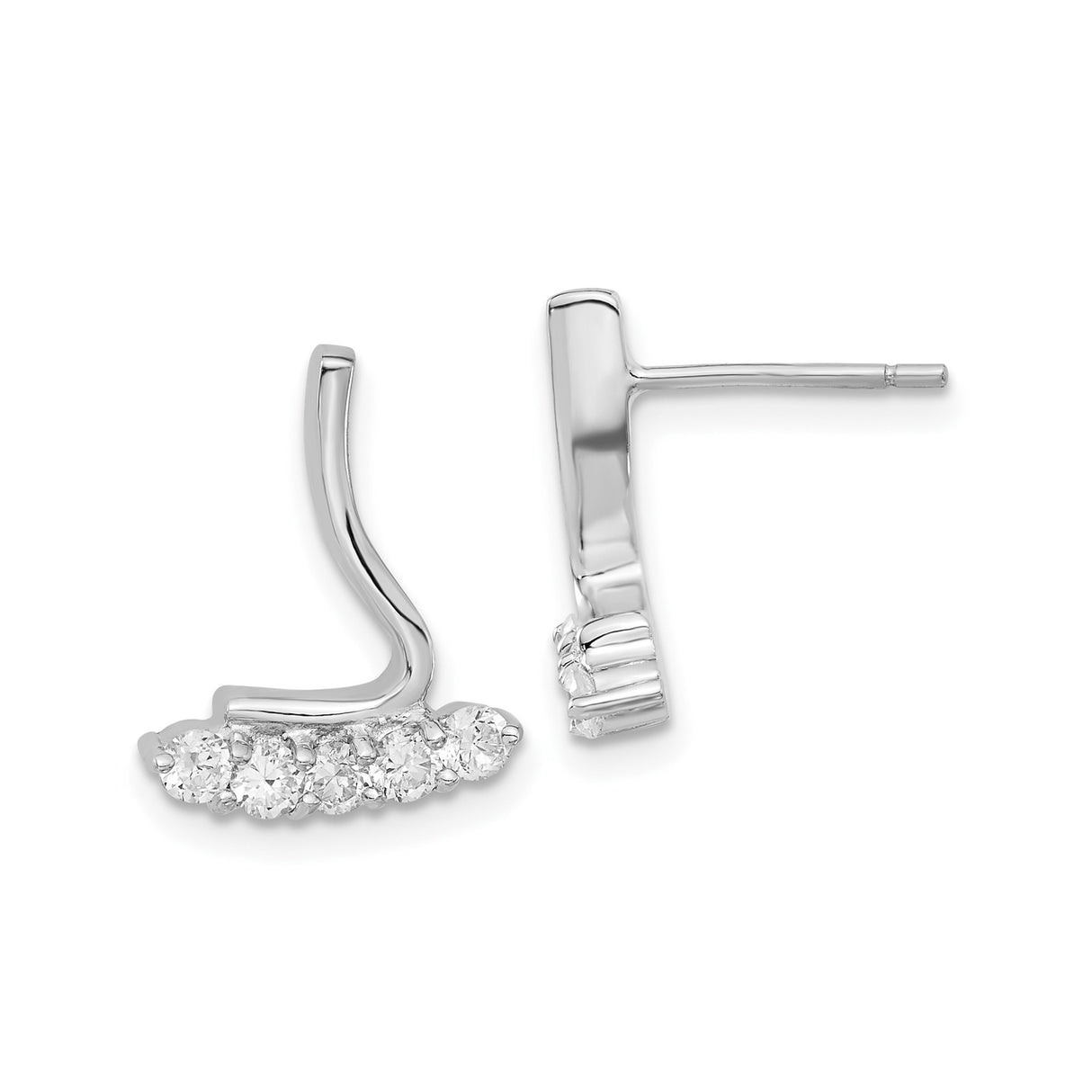 Sterling Silver Ear Climbers with Cubic Zirconia, Curved Bar Design, Modern Minimalist Style
