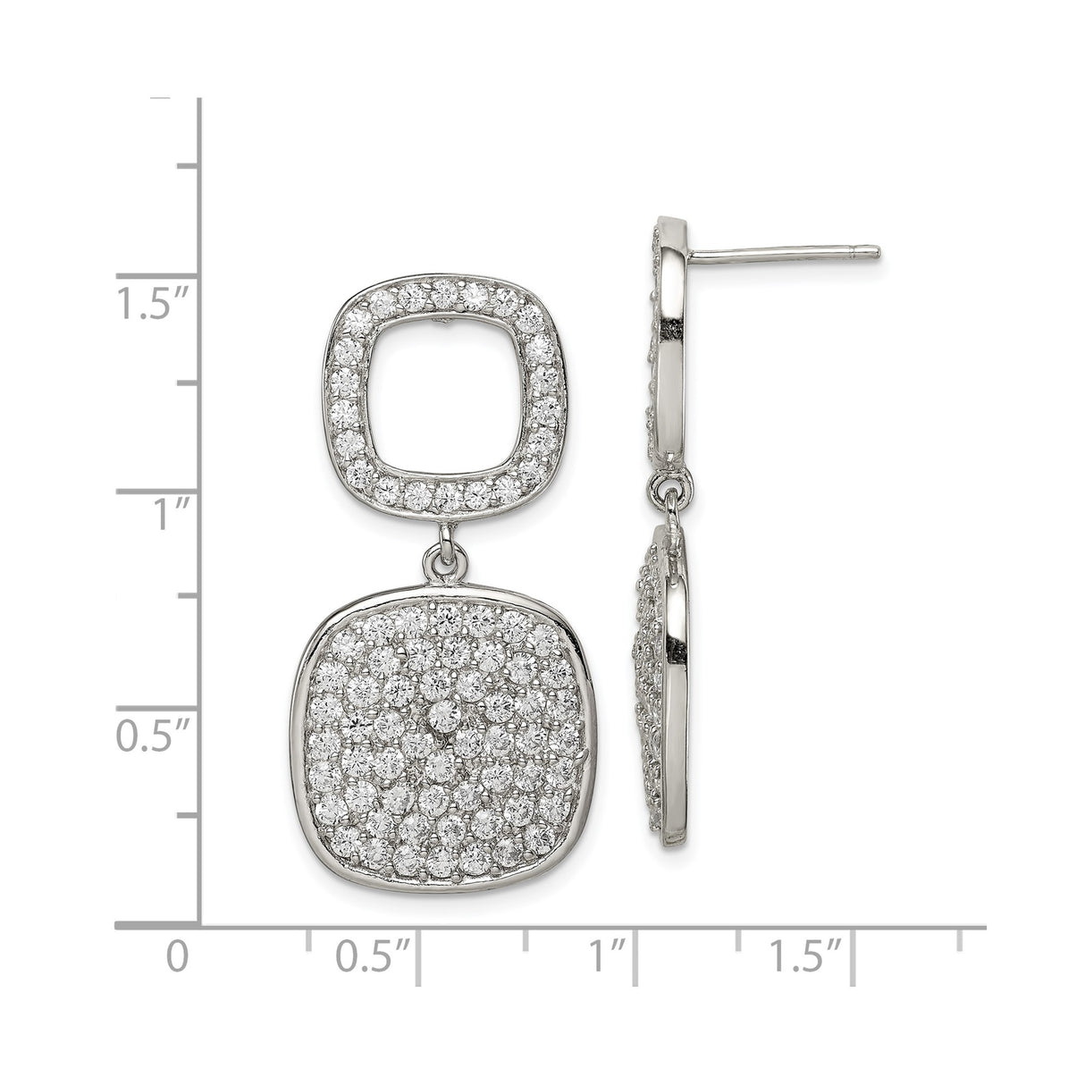 Sterling Silver Dangle Earrings with Cubic Zirconia, Double Cushion Design, Modern Drop Style