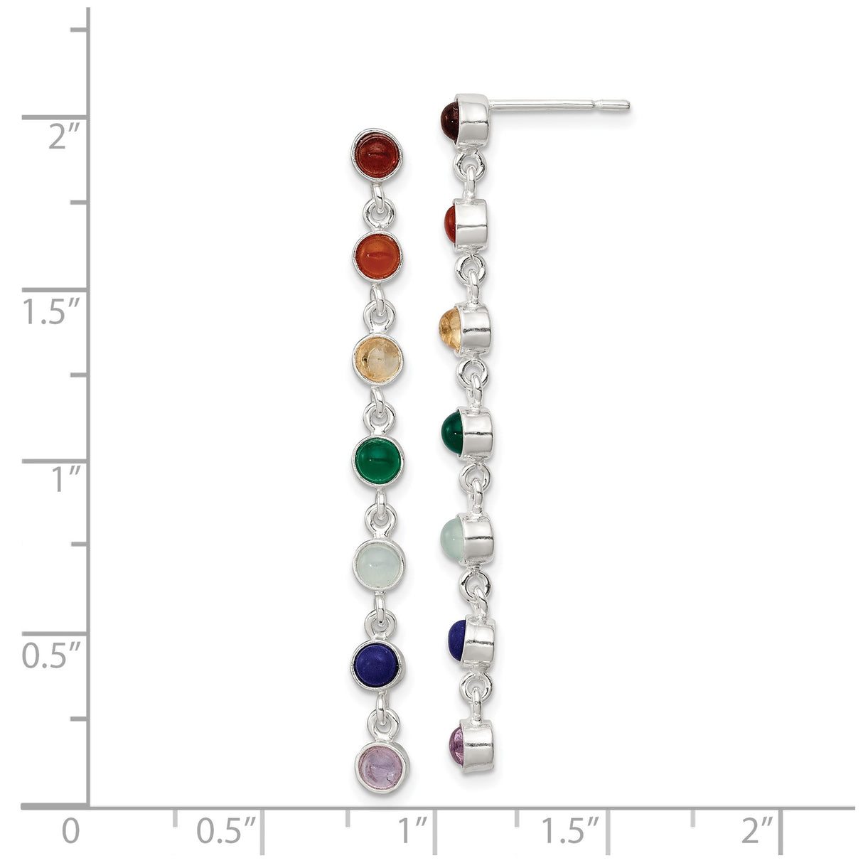Sterling Silver Chakra Drop Earrings with Seven Multicolor Quartz Gemstones in Vertical Design