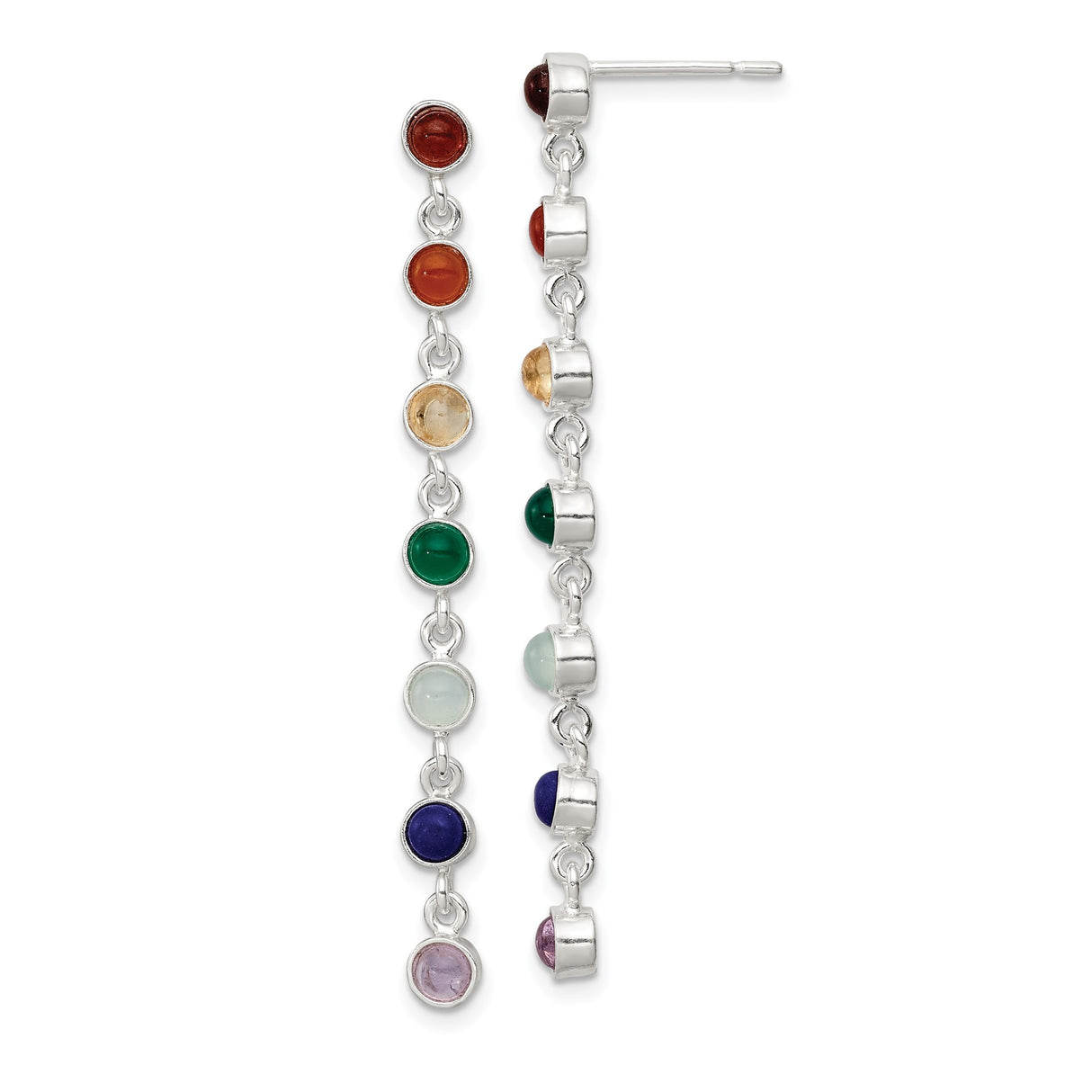 Sterling Silver Chakra Drop Earrings with Seven Multicolor Quartz Gemstones in Vertical Design