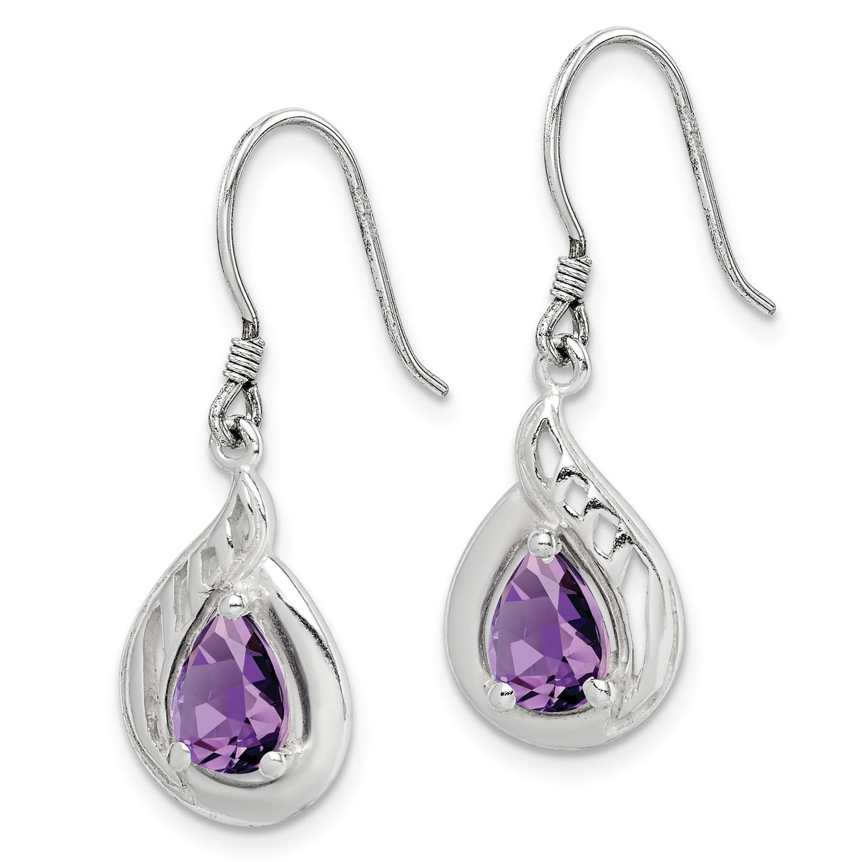 Sterling Silver Dangle Earrings with Amethyst Teardrop and Open Swirl Design for Women