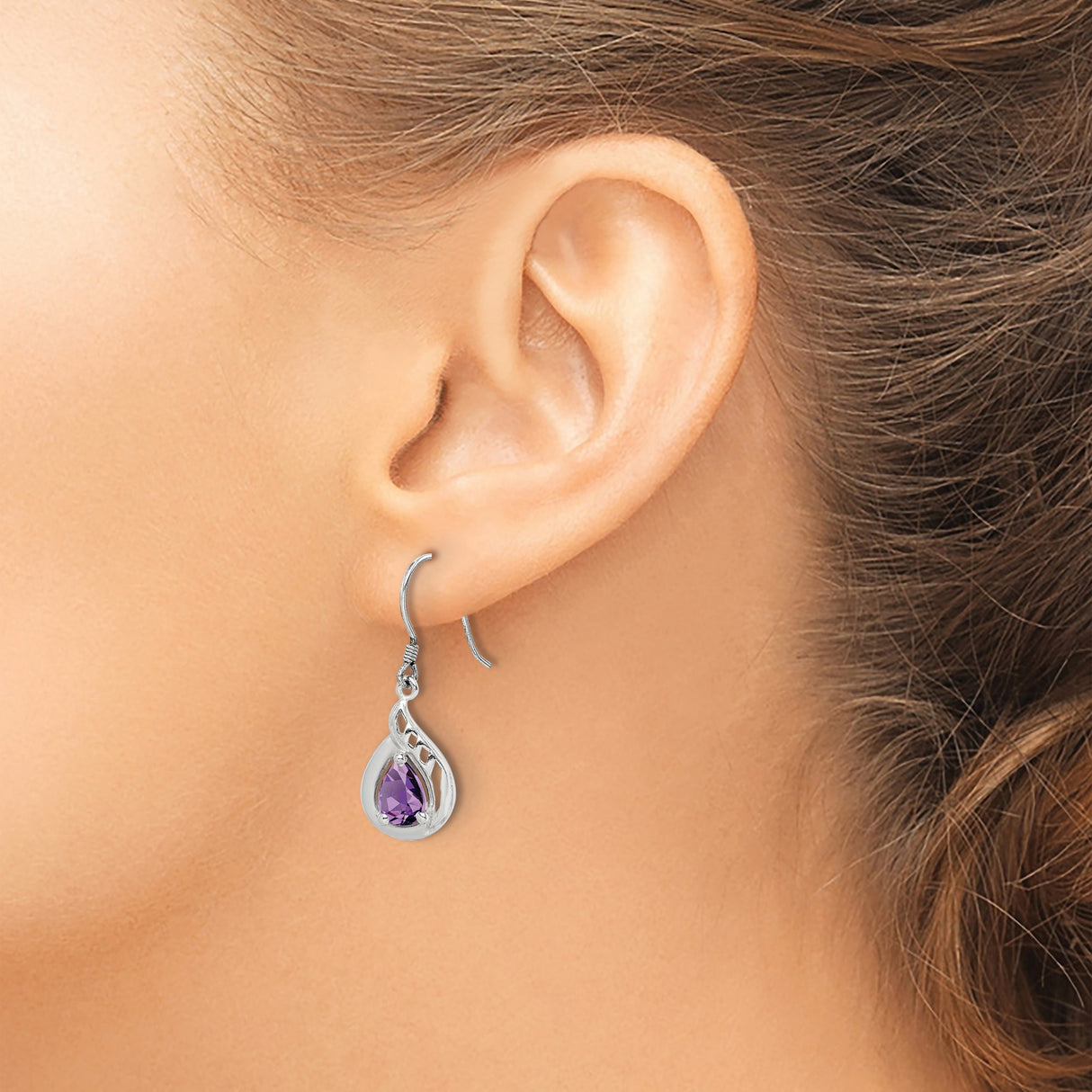 Sterling Silver Dangle Earrings with Amethyst Teardrop and Open Swirl Design for Women