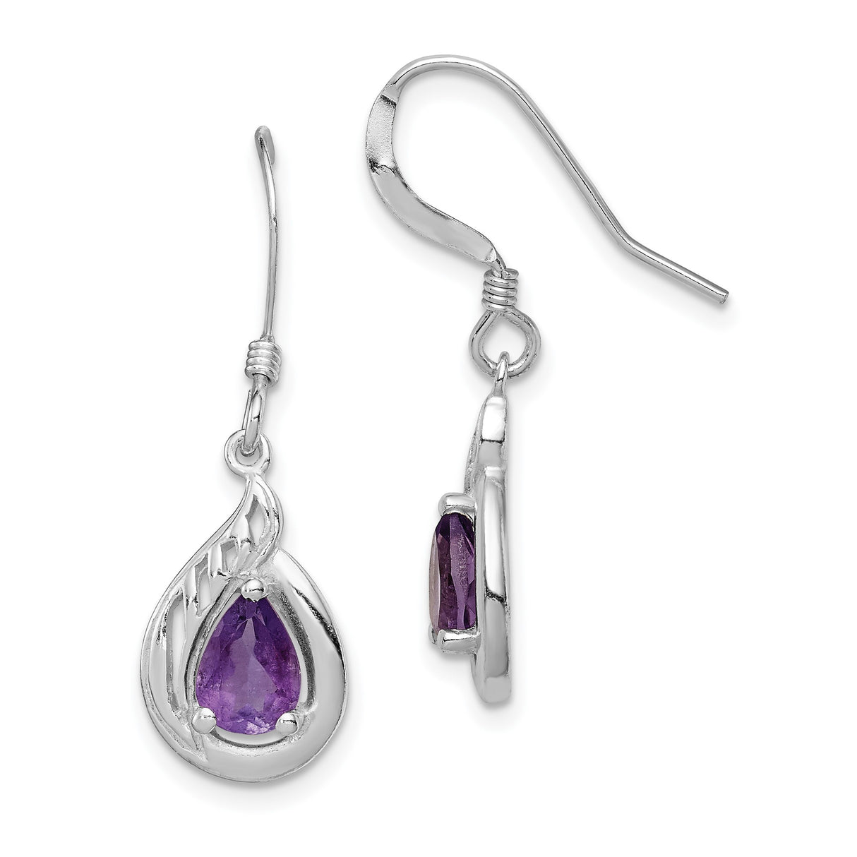 Sterling Silver Dangle Earrings with Amethyst Teardrop and Open Swirl Design for Women