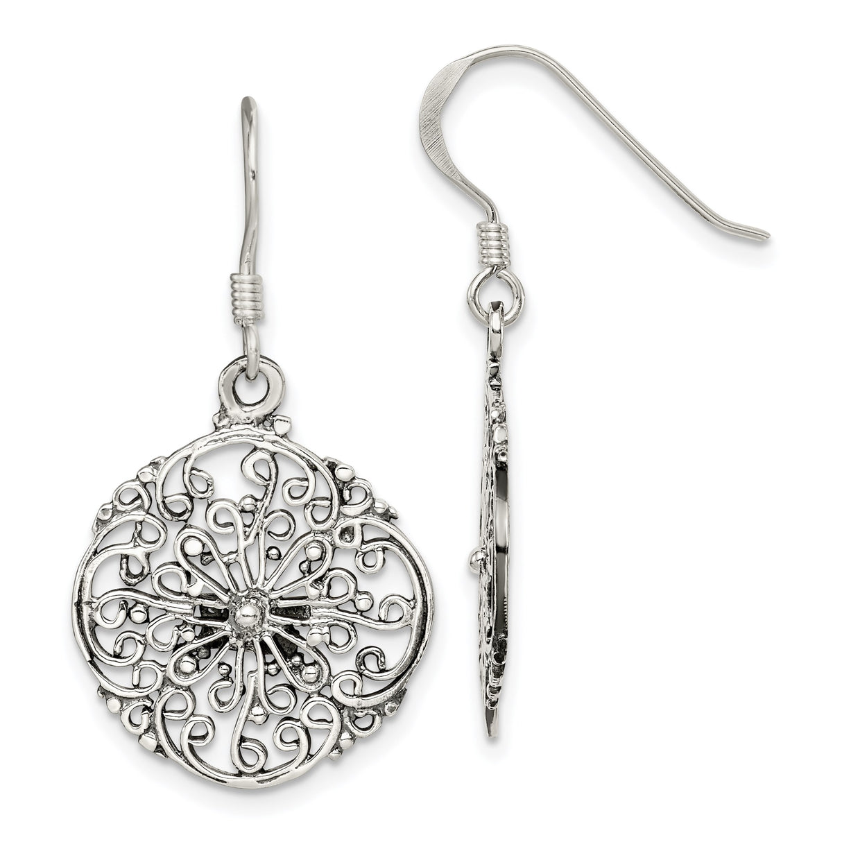Sterling Silver Dangle Earrings with Openwork Floral Mandala Design, Boho Filigree Drop Style