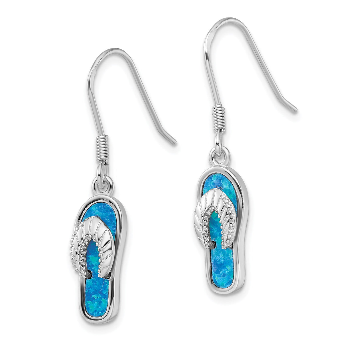 Sterling Silver Flip Flop Dangle Earrings with Created Blue Opal, Beach Summer Style