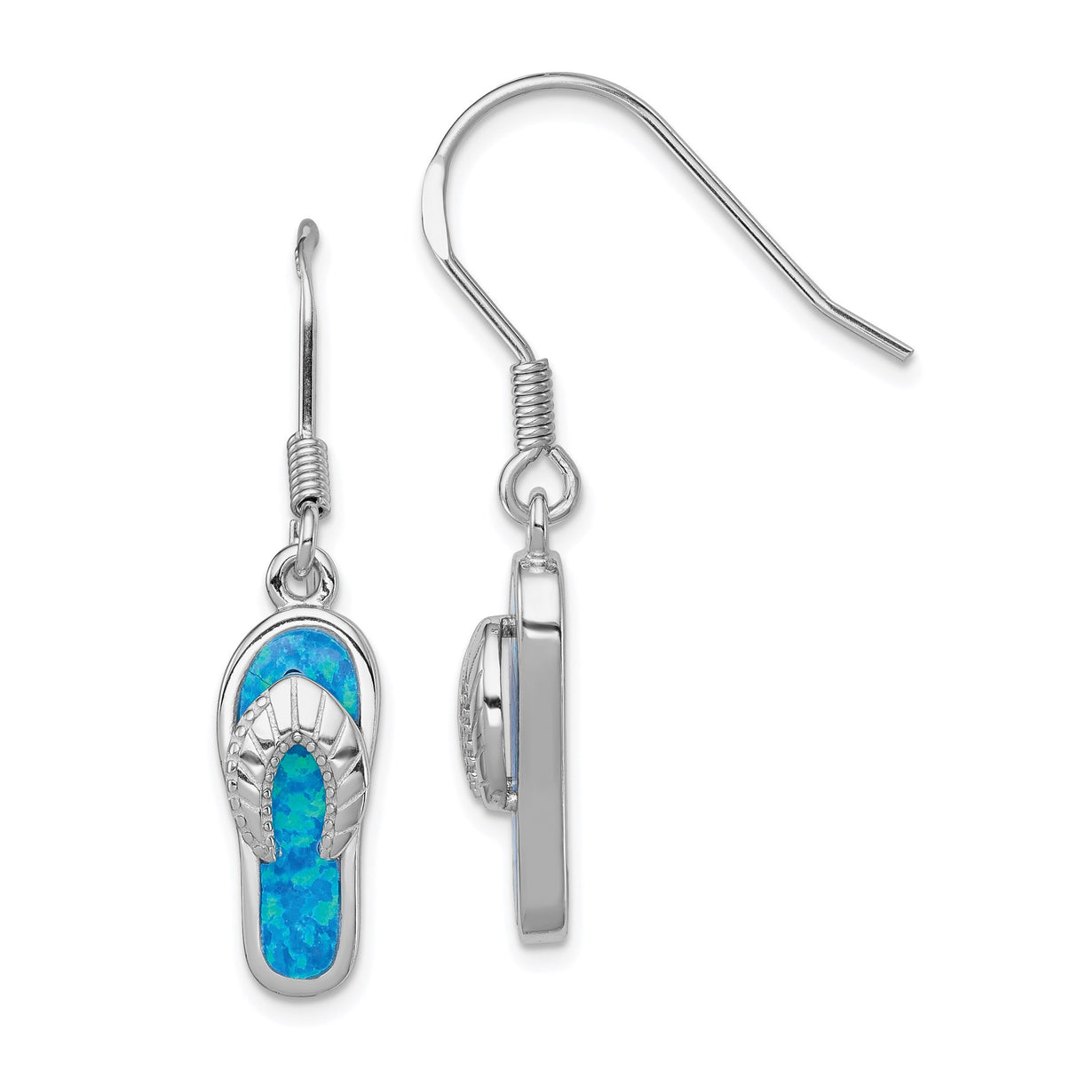 Sterling Silver Flip Flop Dangle Earrings with Created Blue Opal, Beach Summer Style