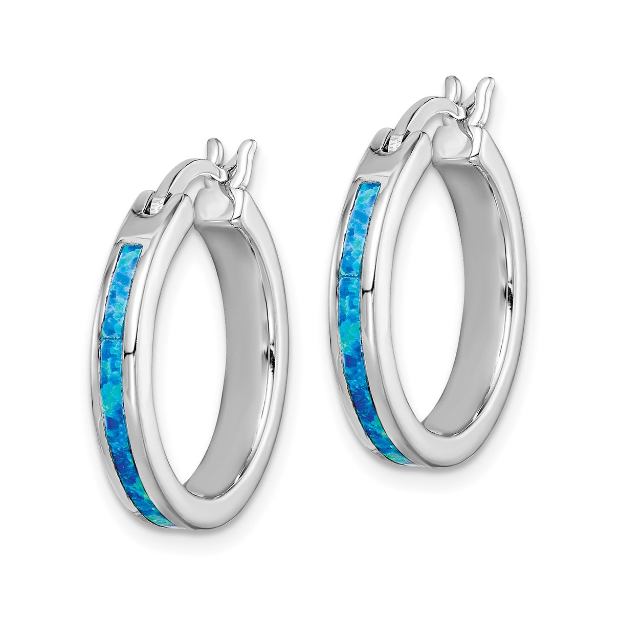 Sterling Silver Hoop Earrings with Created Opal Inlay, Lightweight Modern Design for Women
