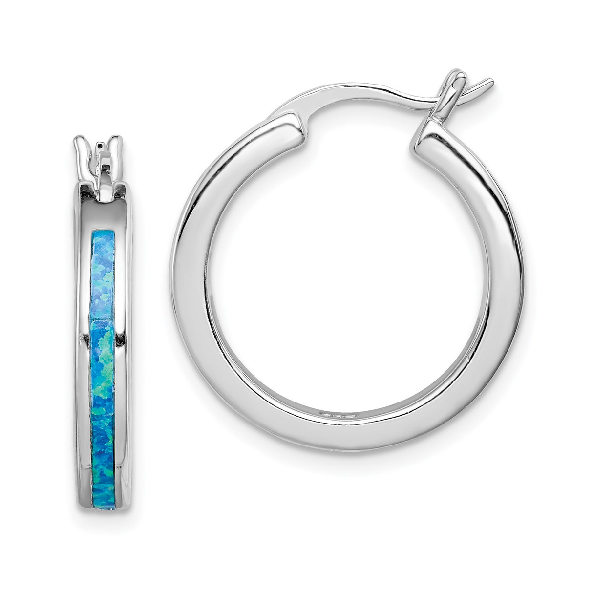 Sterling Silver Hoop Earrings with Created Opal Inlay, Lightweight Modern Design for Women