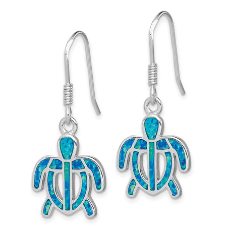 Sterling Silver Turtle Dangle Earrings with Created Opal, Ocean-Inspired Jewelry for Women