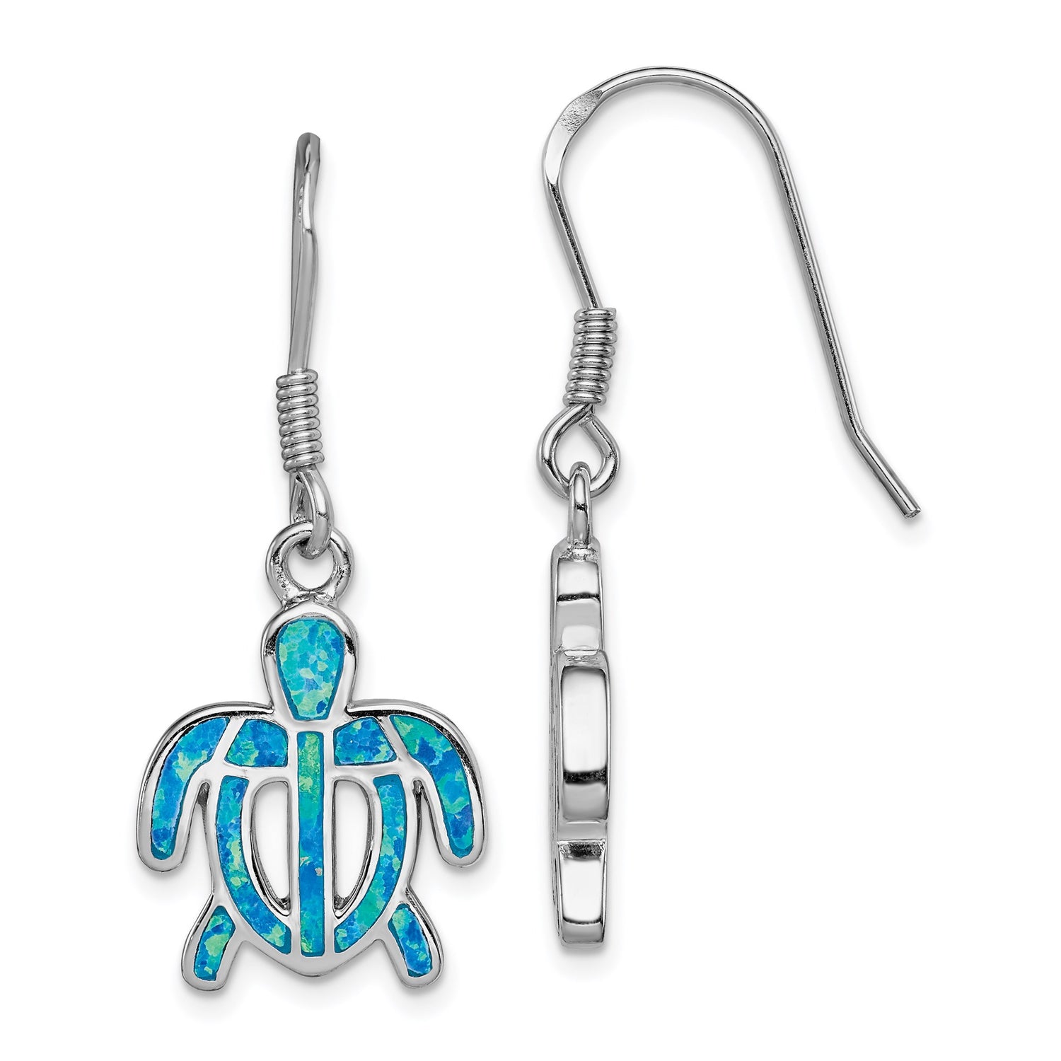 Sterling Silver Turtle Dangle Earrings with Created Opal, Ocean-Inspired Jewelry for Women