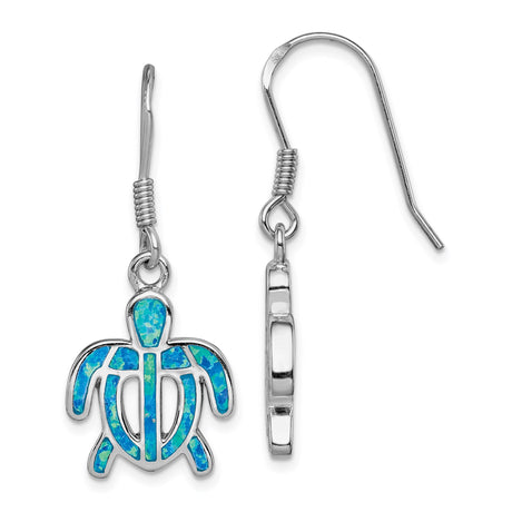Sterling Silver Turtle Dangle Earrings with Created Opal, Ocean-Inspired Jewelry for Women