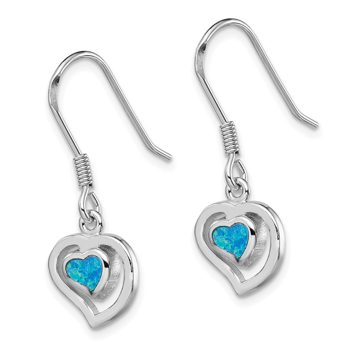 Sterling Silver Dangle Earrings with Blue Created Opal, Double Heart Drop Design