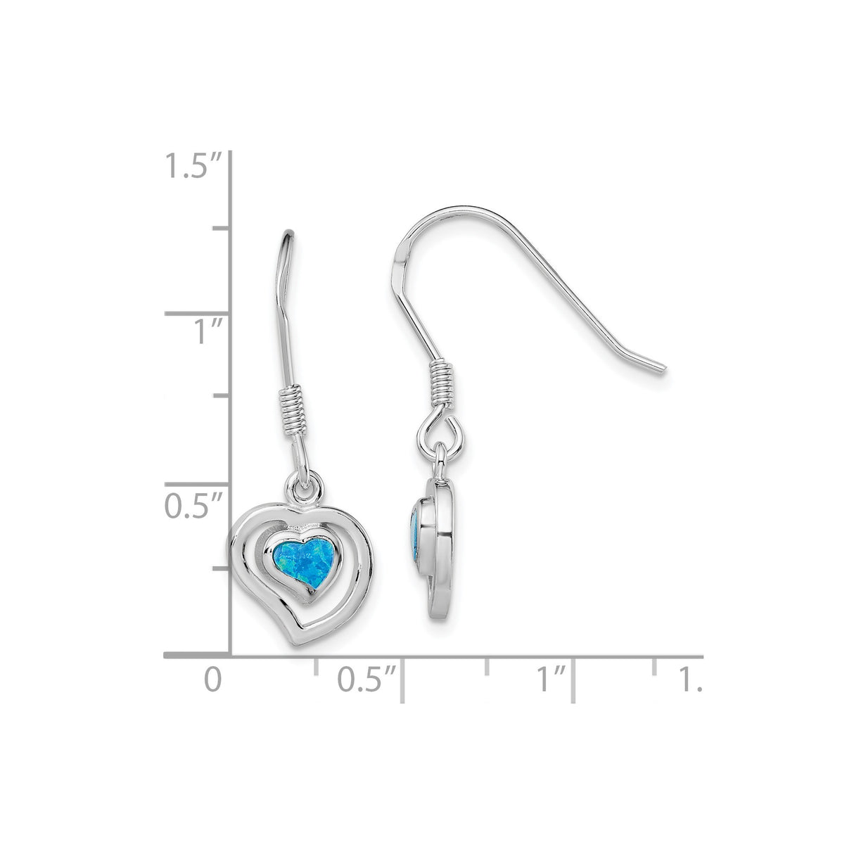 Sterling Silver Dangle Earrings with Blue Created Opal, Double Heart Drop Design