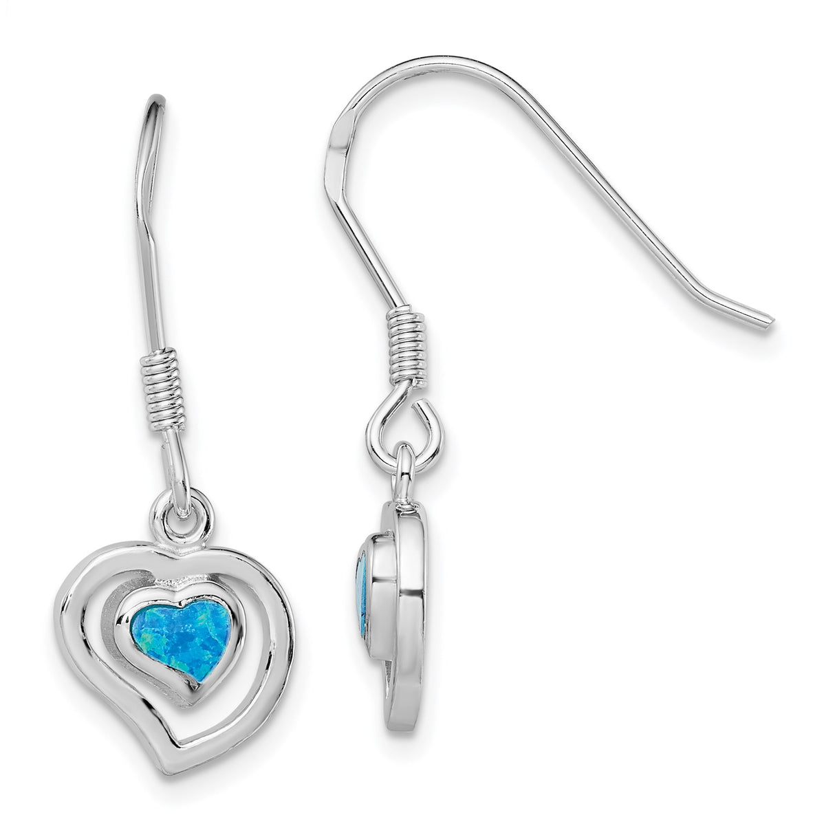 Sterling Silver Dangle Earrings with Blue Created Opal, Double Heart Drop Design