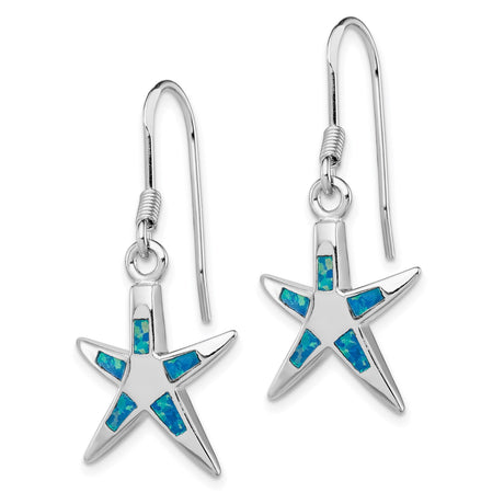Sterling Silver Starfish Dangle Earrings with Created Blue Opal, Nautical Ocean Theme
