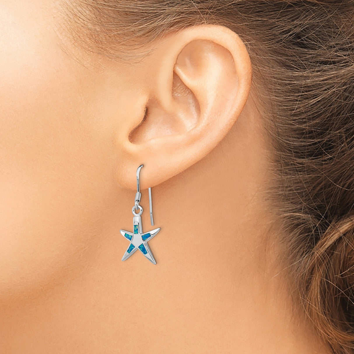 Sterling Silver Starfish Dangle Earrings with Created Blue Opal, Nautical Ocean Theme