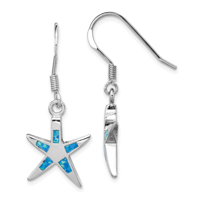 Sterling Silver Starfish Dangle Earrings with Created Blue Opal, Nautical Ocean Theme
