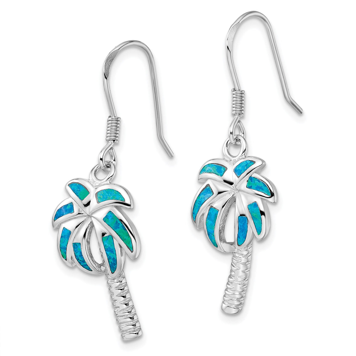Sterling Silver Palm Tree Dangle Earrings with Created Blue Opal, Tropical Style