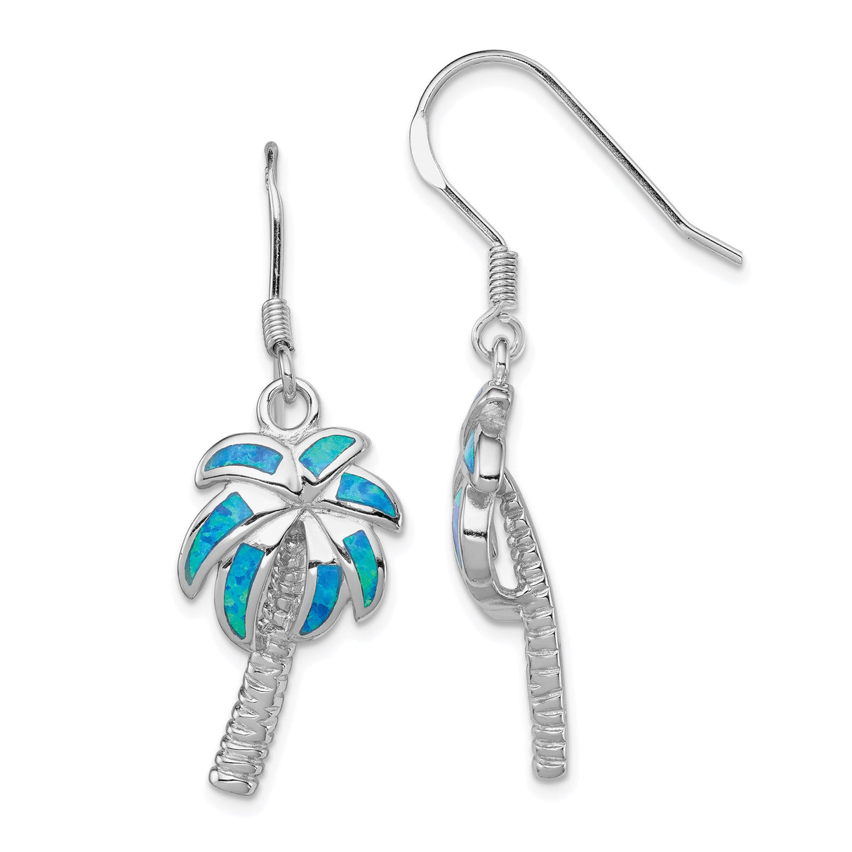 Sterling Silver Palm Tree Dangle Earrings with Created Blue Opal, Tropical Style