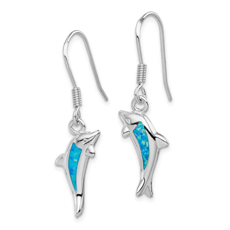 Sterling Silver Dolphin Dangle Earrings with Created Blue Opal, Ocean Inspired Design