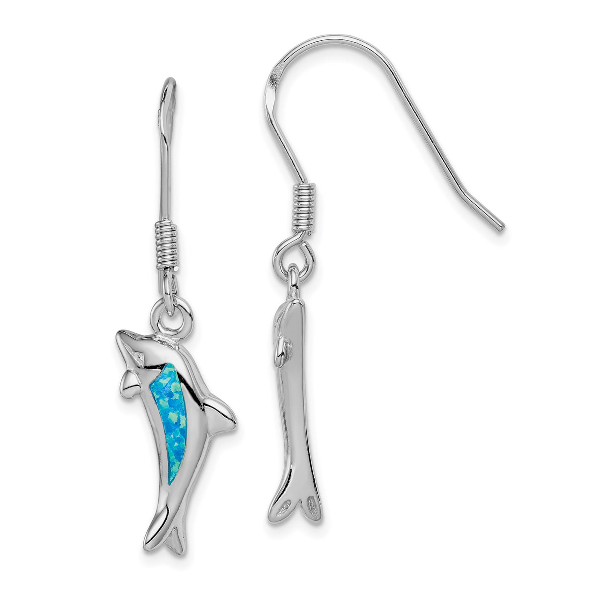 Sterling Silver Dolphin Dangle Earrings with Created Blue Opal, Ocean Inspired Design