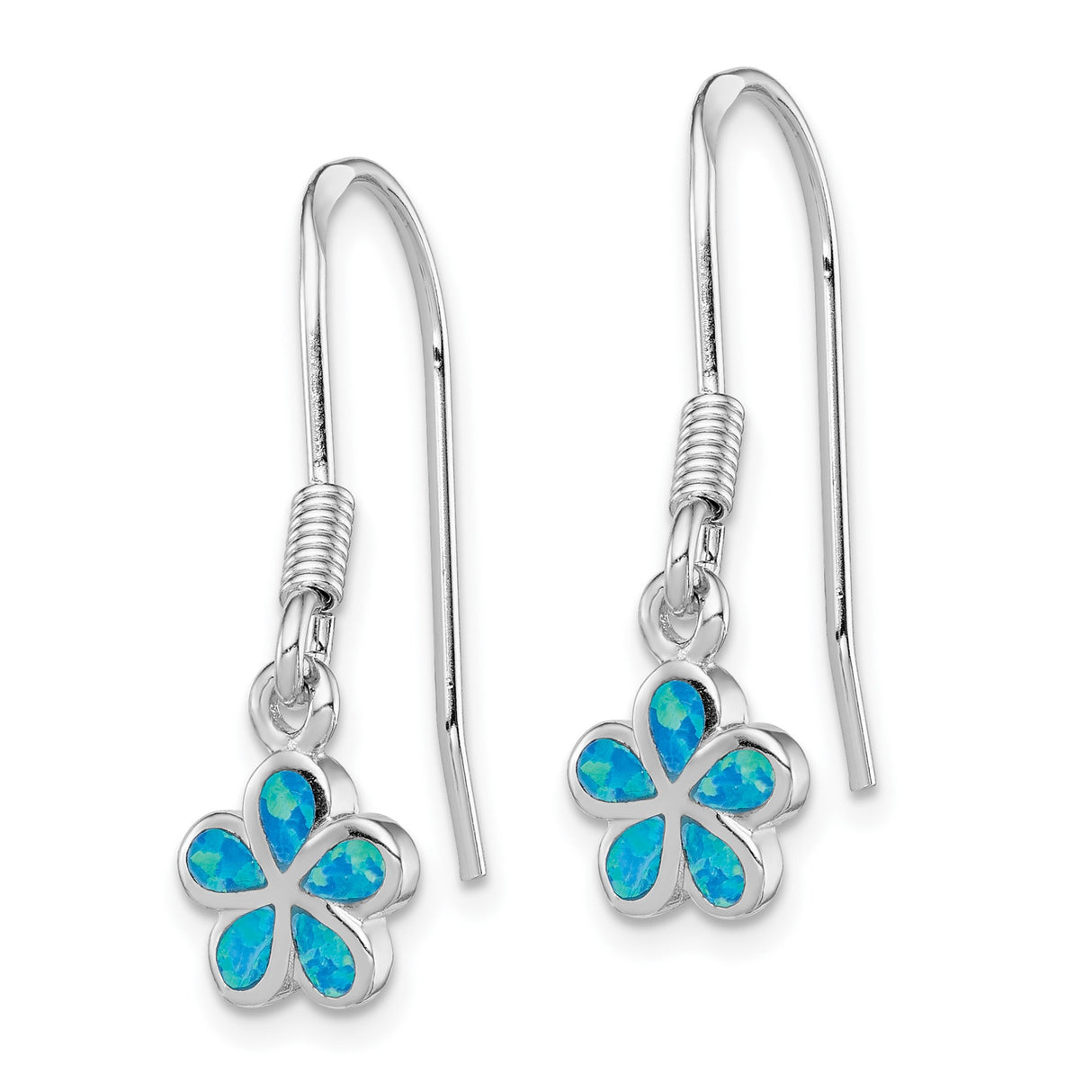 Sterling Silver Dangle Earrings with Created Blue Opal, Floral Design, Lightweight Hooks