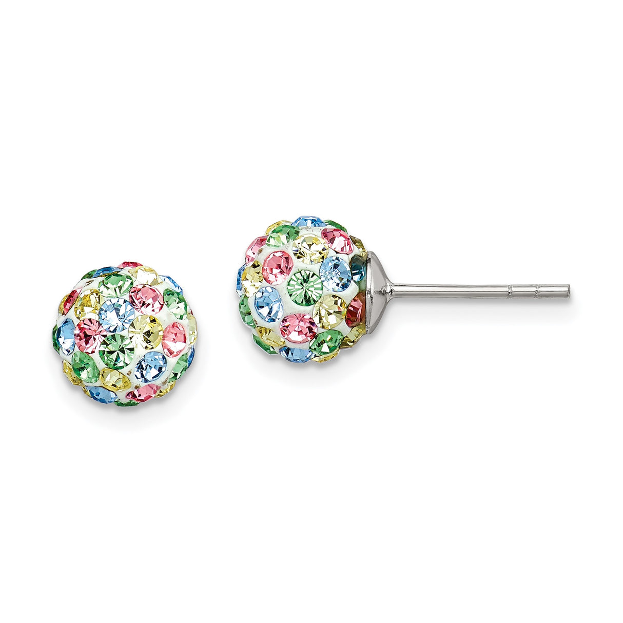 Sterling Silver Dome Stud Earrings with Multicolor Crystals, Vibrant Ball Design
