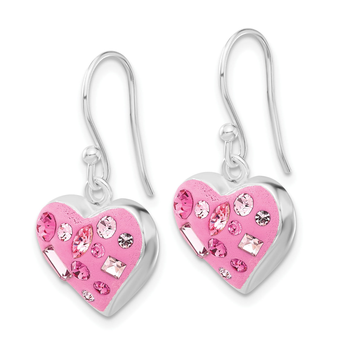 Sterling Silver Heart Shaped Dangle Earrings with Pink Enamel and Pink Cubic Zirconia Crystals