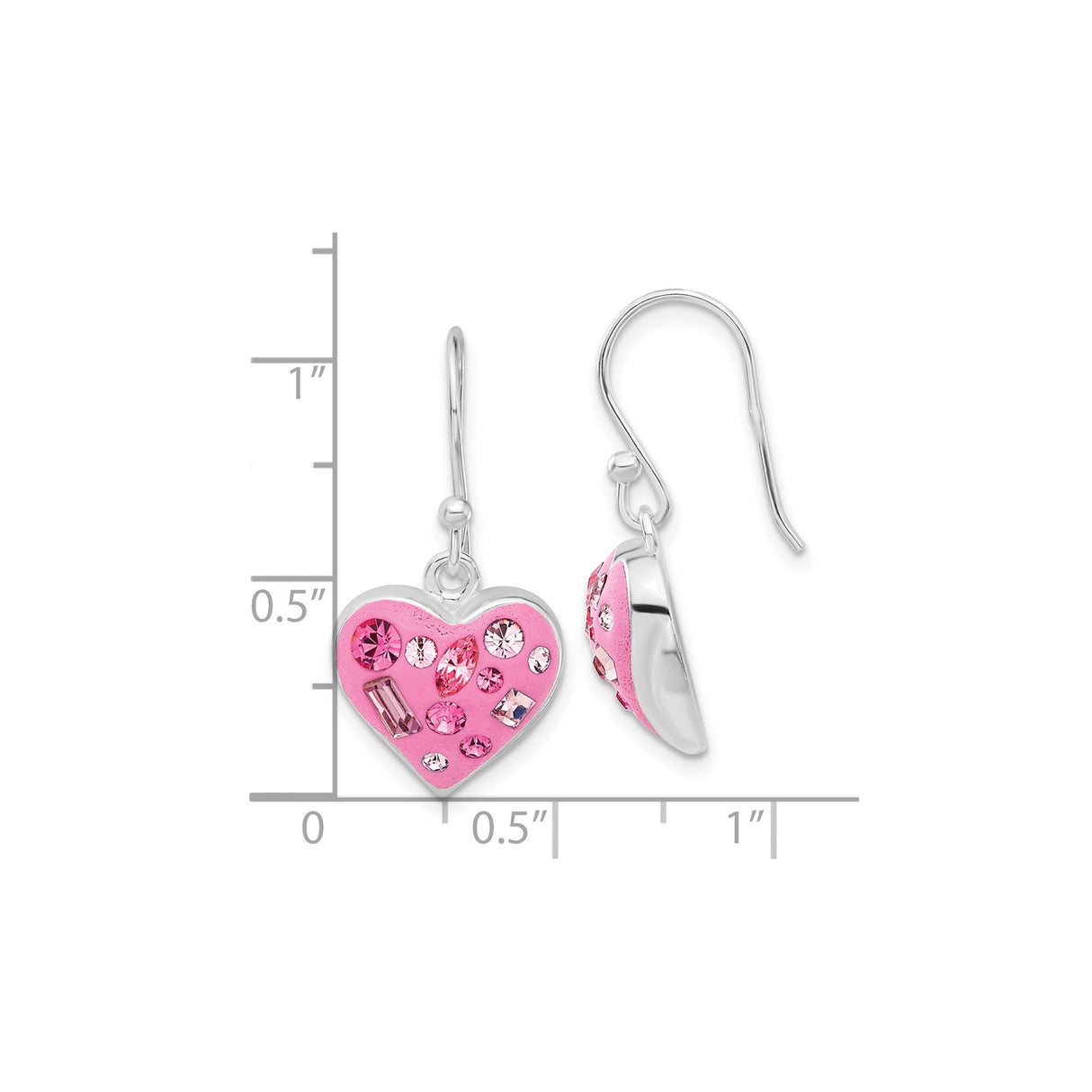 Sterling Silver Heart Shaped Dangle Earrings with Pink Enamel and Pink Cubic Zirconia Crystals