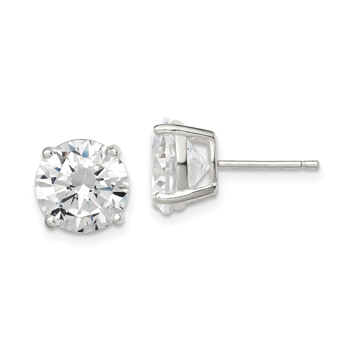 Sterling Silver Stud Earrings with Clear Cubic Zirconia, Prong Set Round Basket Design