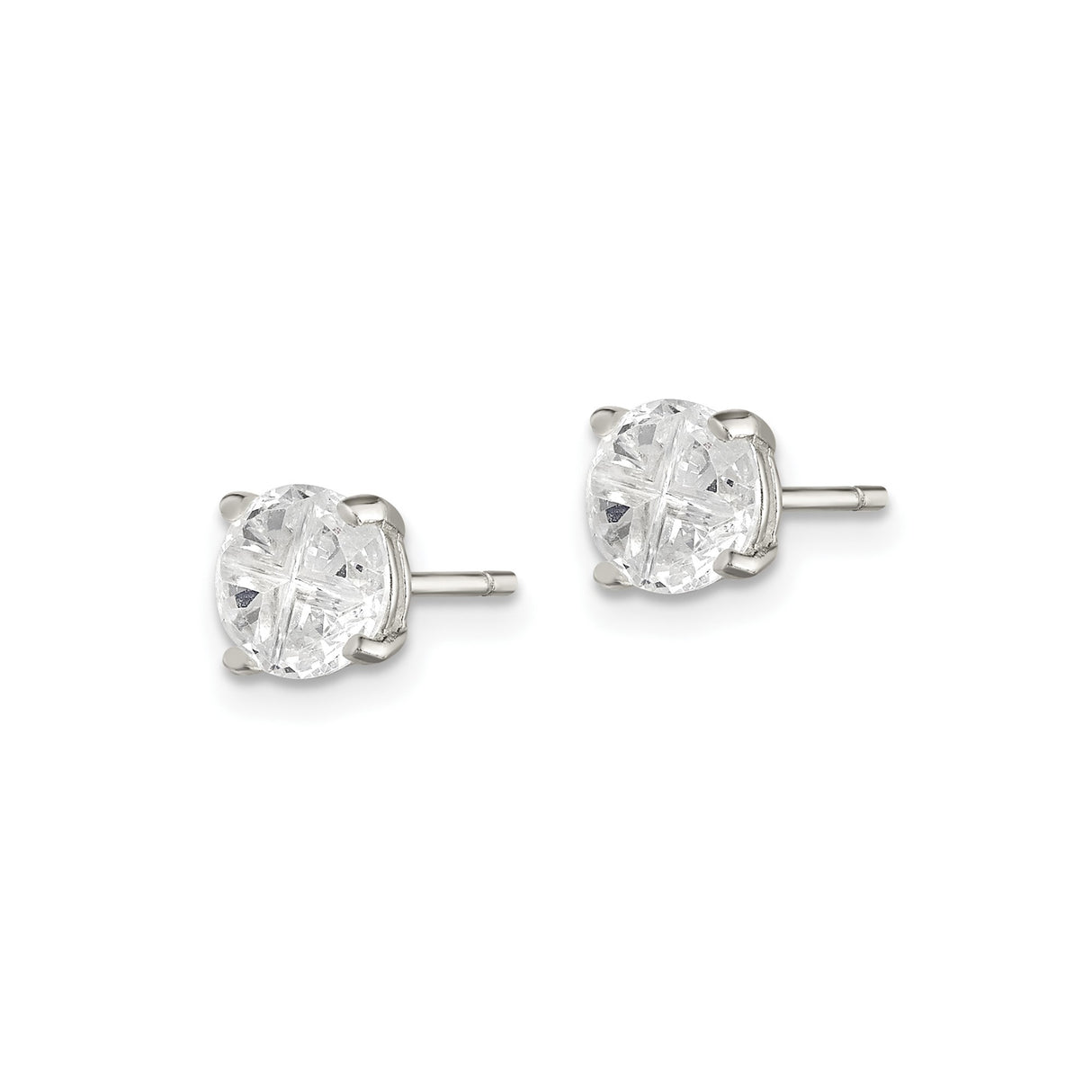 Sterling Silver Stud Earrings with Round Cut Cubic Zirconia, Four Prong Basket Setting, Cross-Cut Design