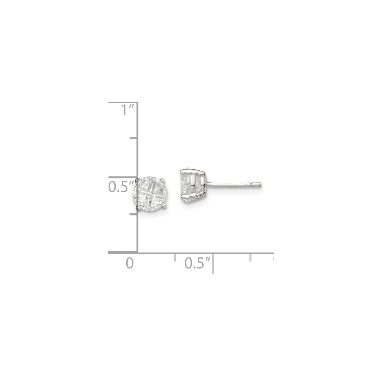 Sterling Silver Stud Earrings with Round Cut Cubic Zirconia, Four Prong Basket Setting, Cross-Cut Design