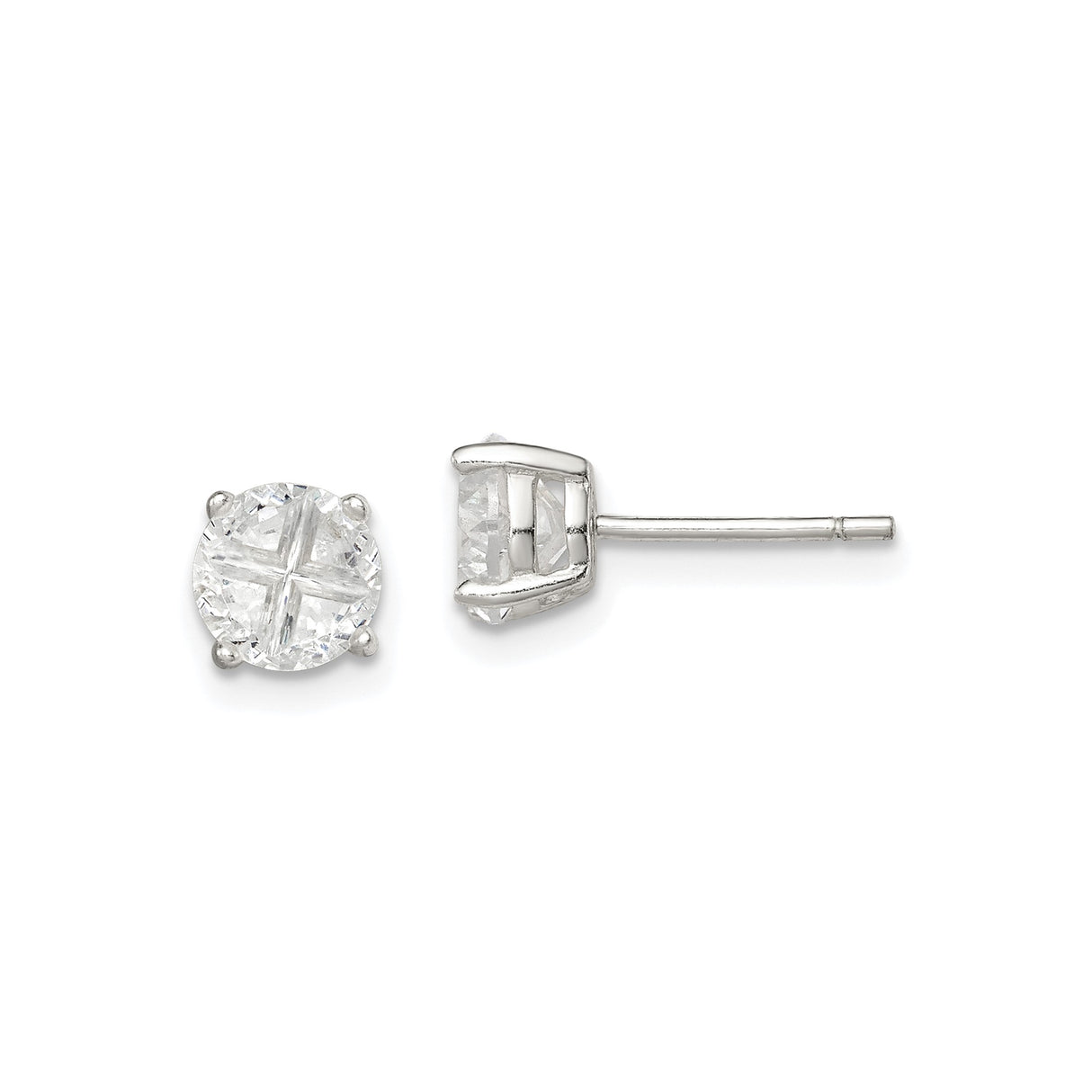 Sterling Silver Stud Earrings with Round Cut Cubic Zirconia, Four Prong Basket Setting, Cross-Cut Design