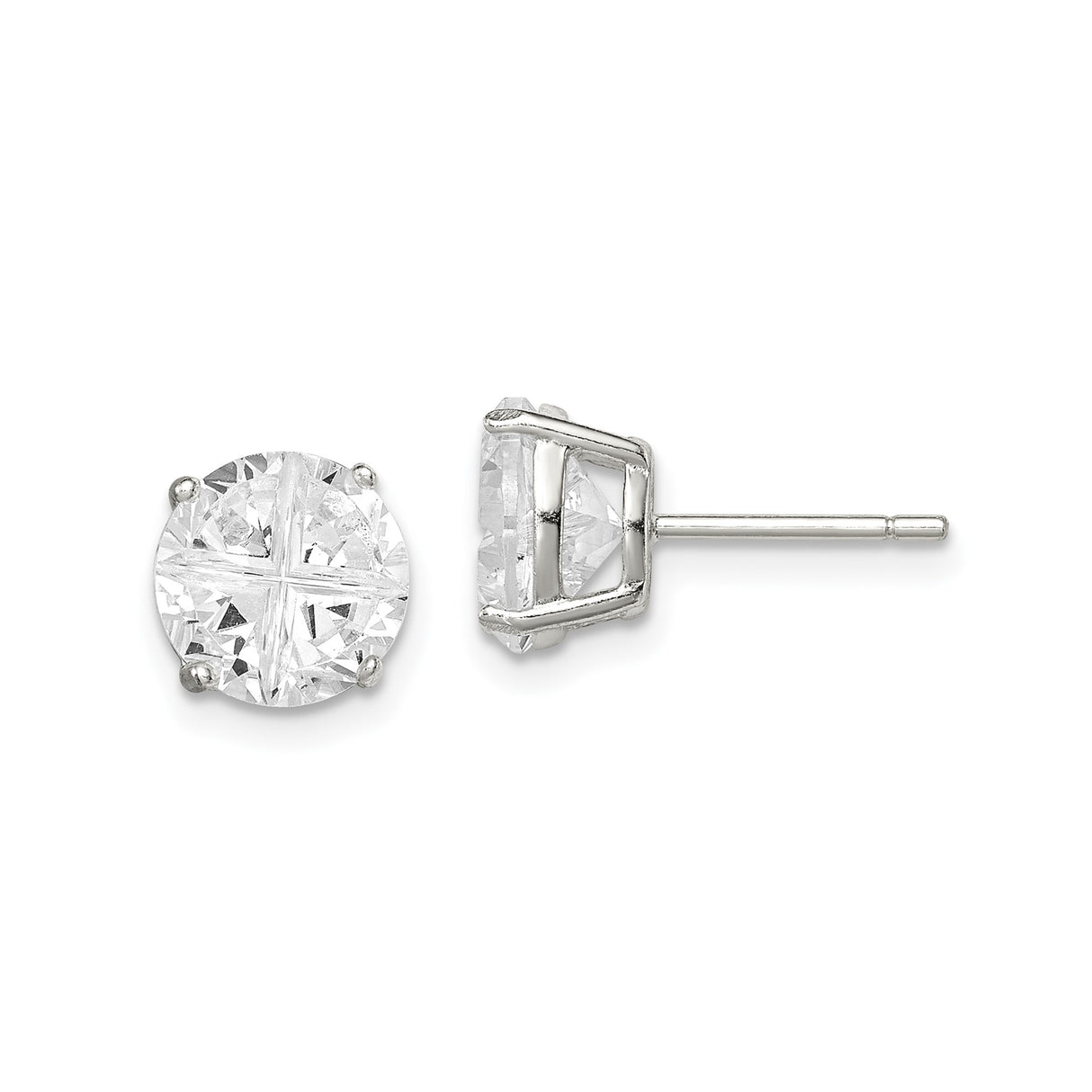 Sterling Silver Stud Earrings with Cubic Zirconia, Round Solitaire Four-Prong Design for Women